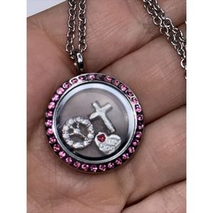 VTG South Hill Locket Charms Pink Crystal Pendant Chain Necklace Silver Tone